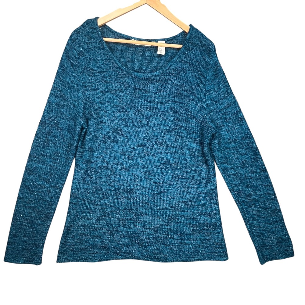 French Laundry Teal Speckled Knit Sweater Stretch Pullover Scoop Neck Size XL